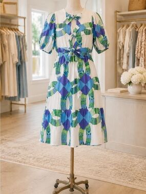 Beau & Ro KIT Tie-Front Puff Sleeve Midi Dress in Blue & Green NWT